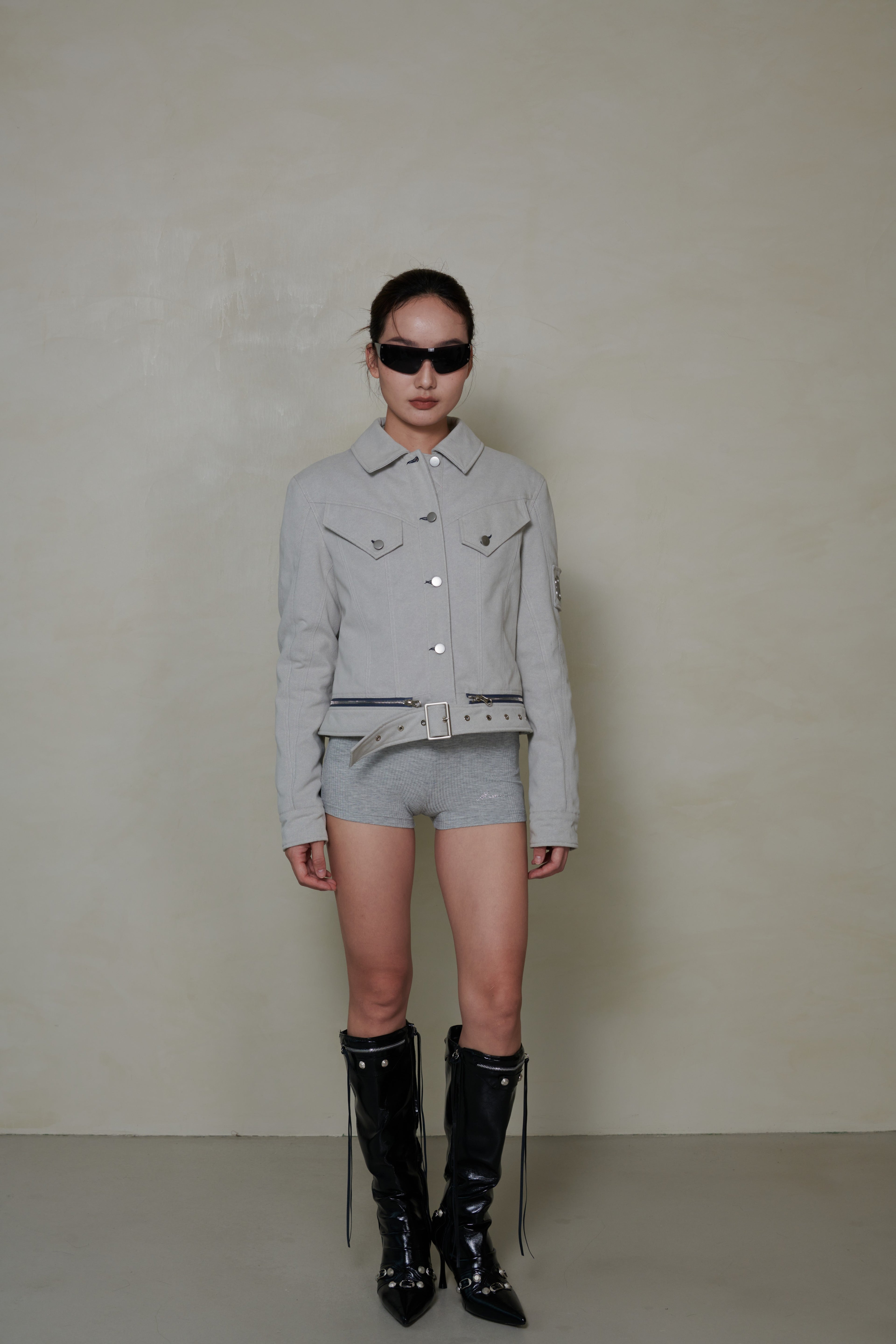 038 SHORT DENIM DOWN JACKET - MIST