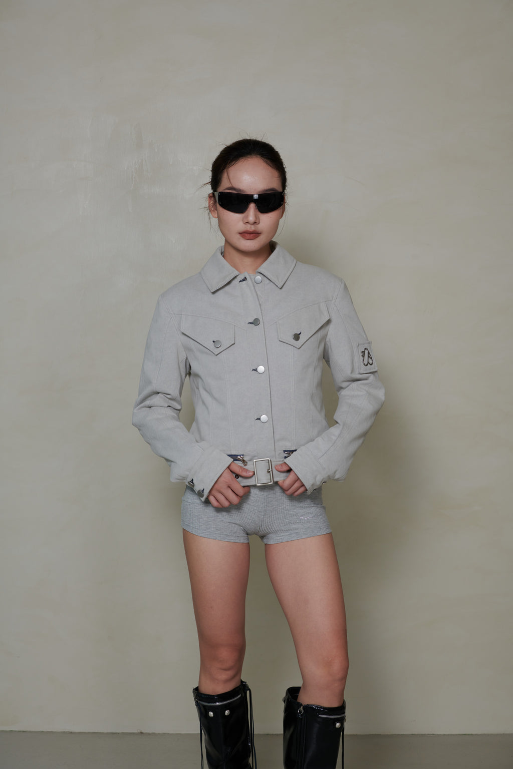 038 SHORT DENIM DOWN JACKET - MIST