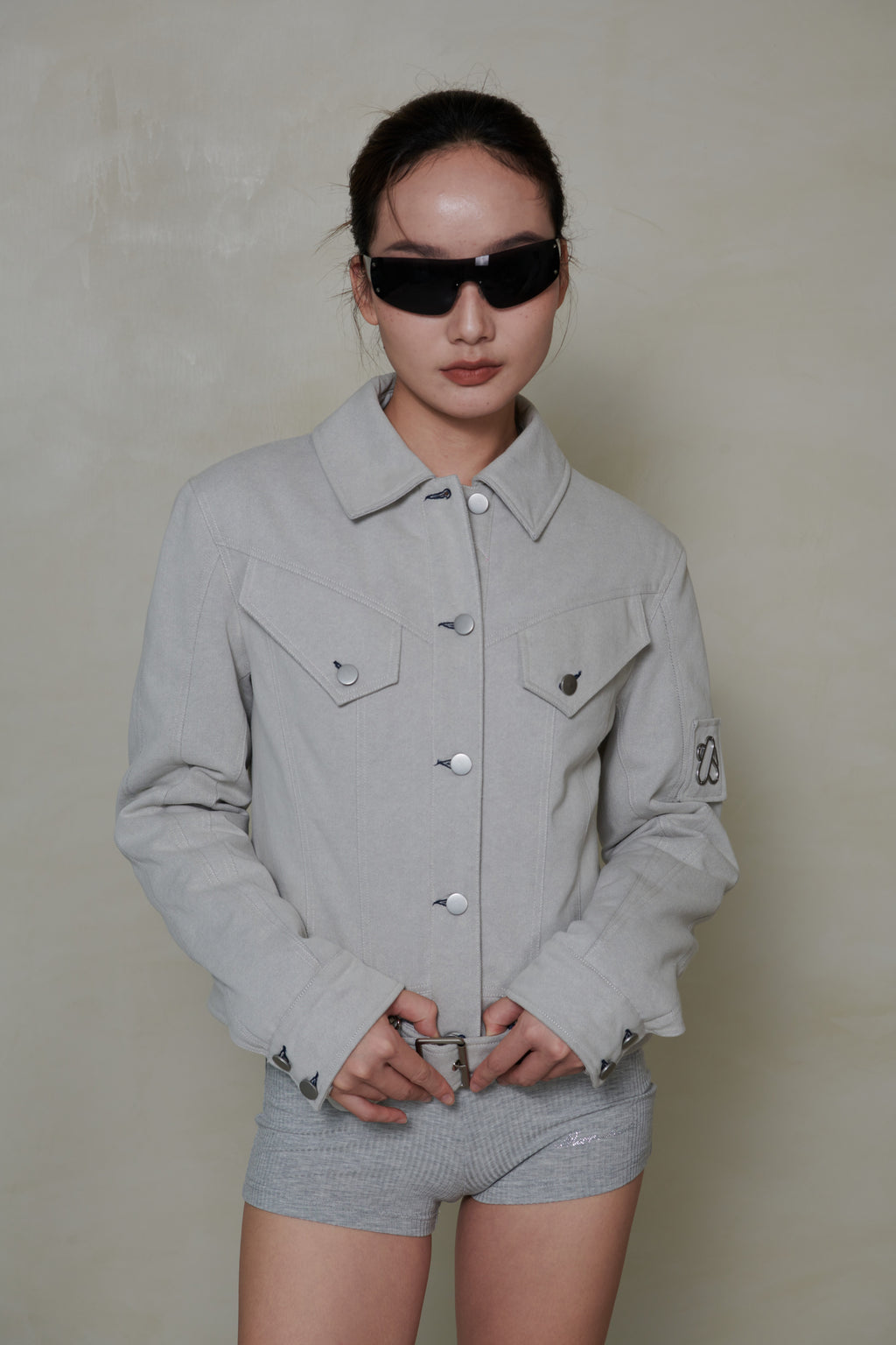 038 SHORT DENIM DOWN JACKET - MIST