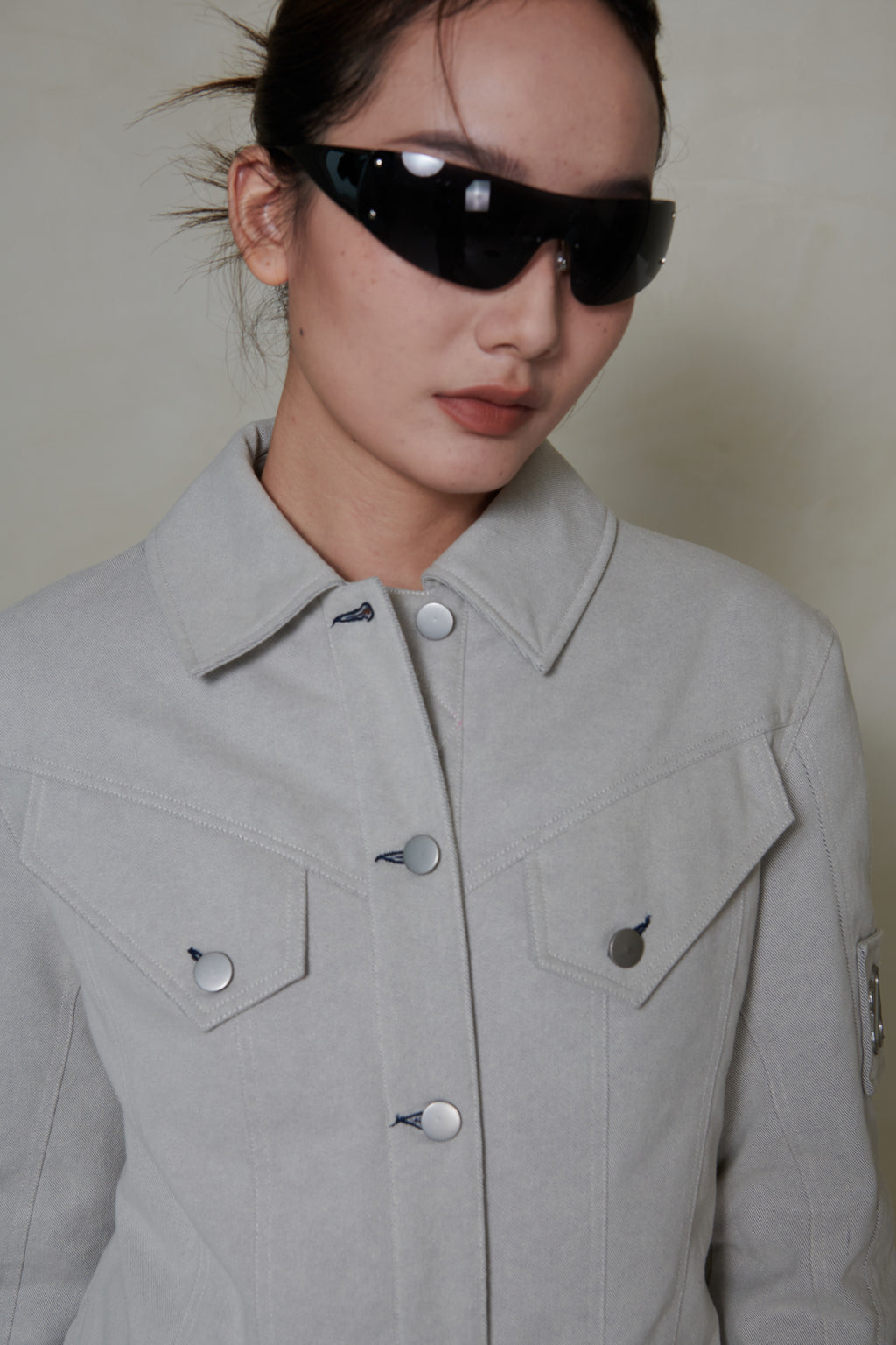 038 SHORT DENIM DOWN JACKET - MIST