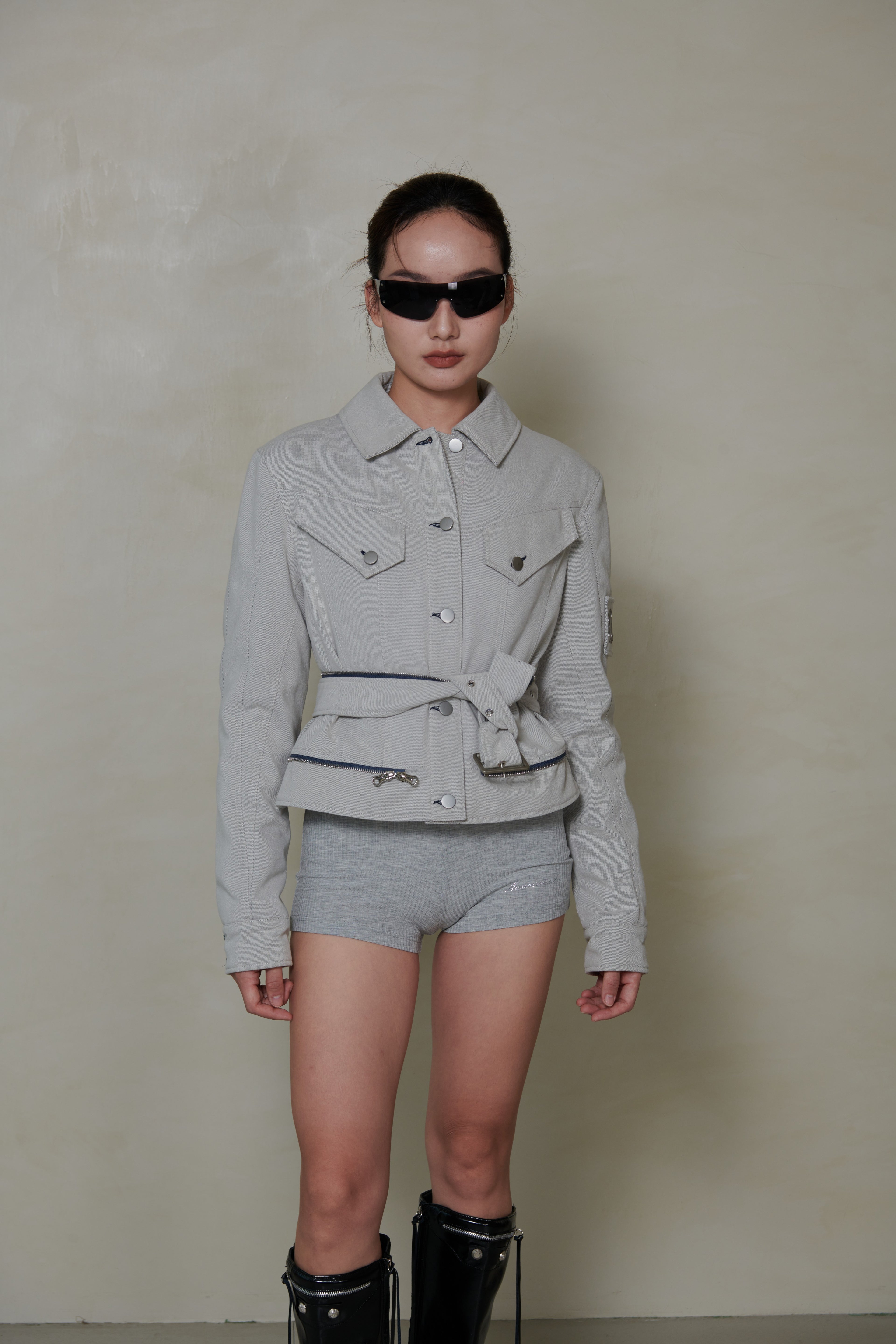 038 SHORT DENIM DOWN JACKET - MIST