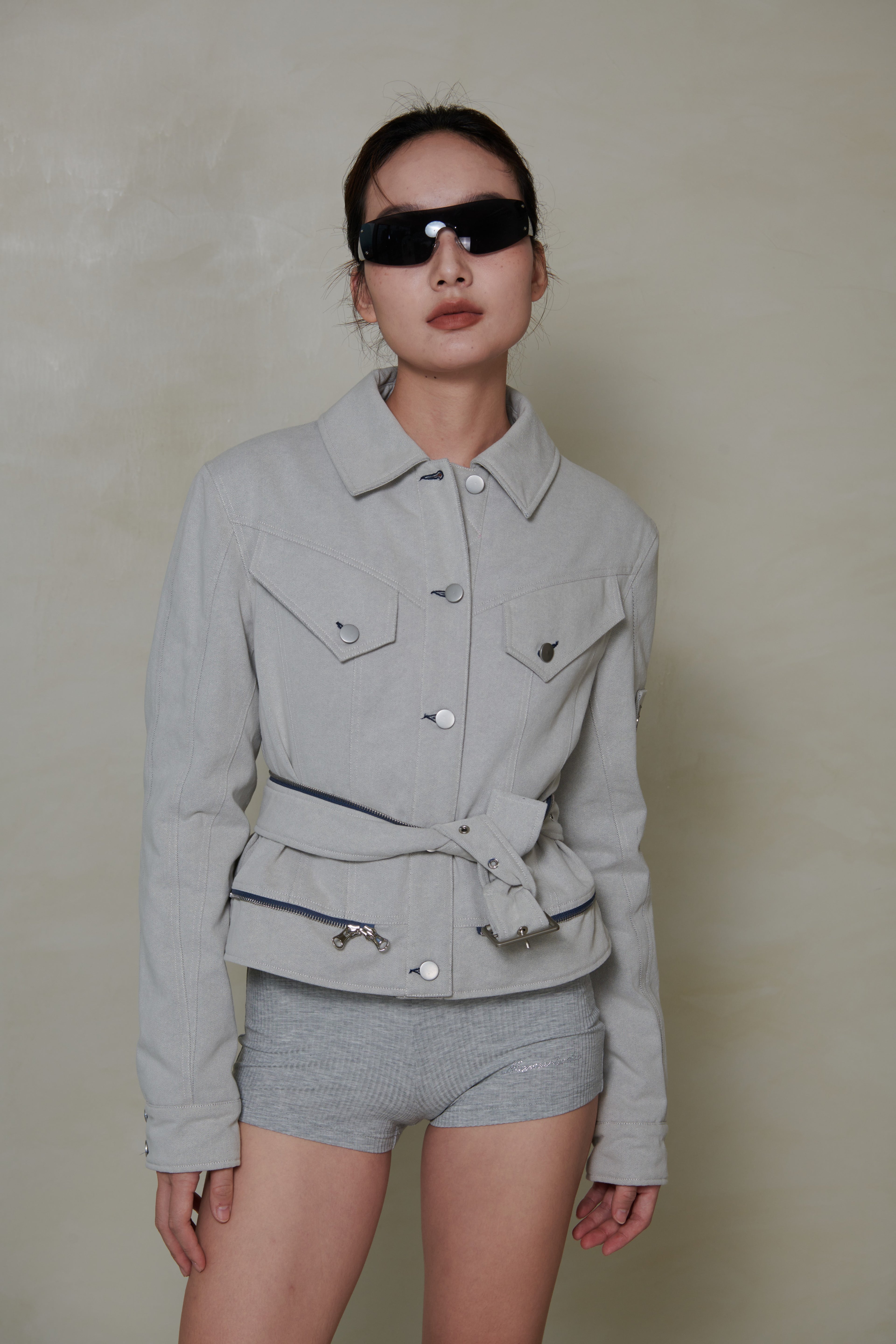 038 SHORT DENIM DOWN JACKET - MIST